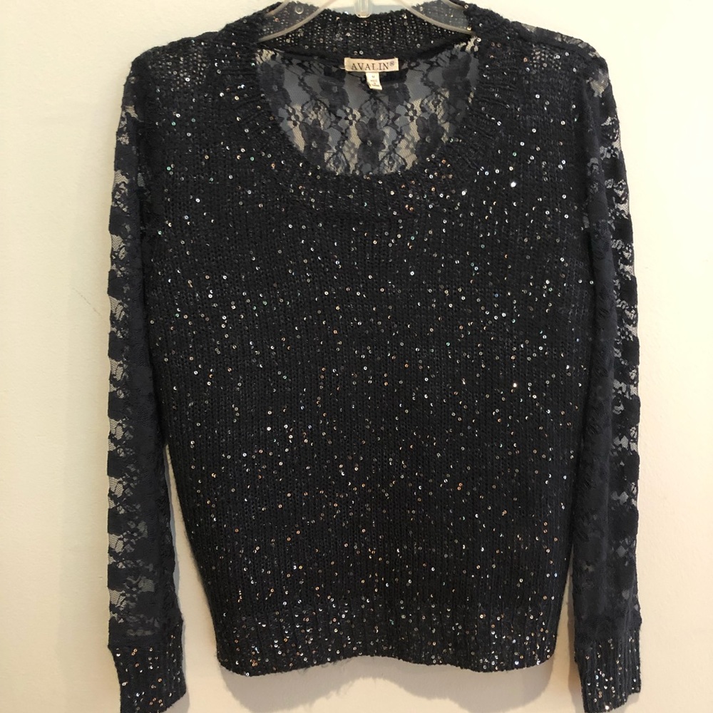 Avalin Crew Neck Sequin Sweater with Lace back M